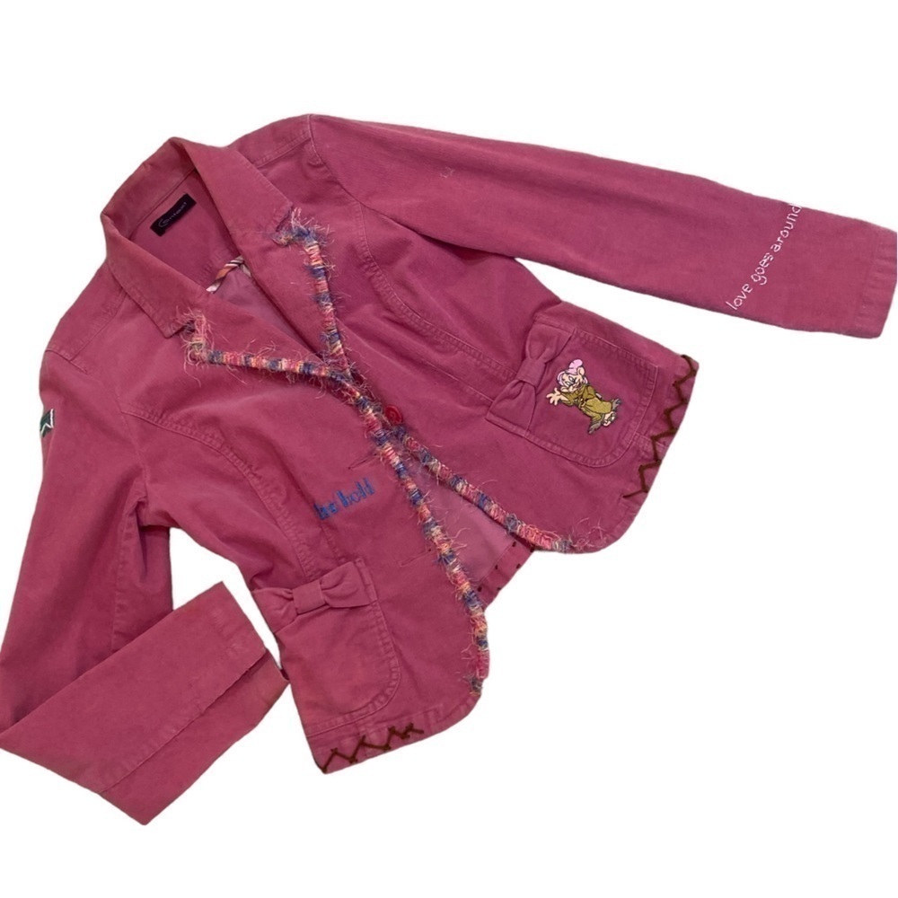 Context pink micro corduroy embroidered & patches fringe jacket size medium